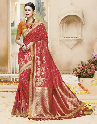 Rust embroidered kanchipuram silk saree with blouse 1