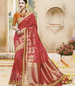 Rust embroidered kanchipuram silk saree with blouse