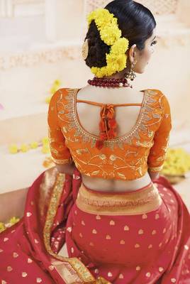 Rust embroidered kanchipuram silk saree with blouse 2