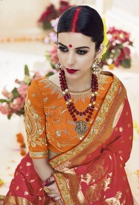 Rust embroidered kanchipuram silk saree with blouse 3