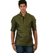 Amora Designer Ethnic Light Green Solid Blended Linen Straight Short Kurta For Men