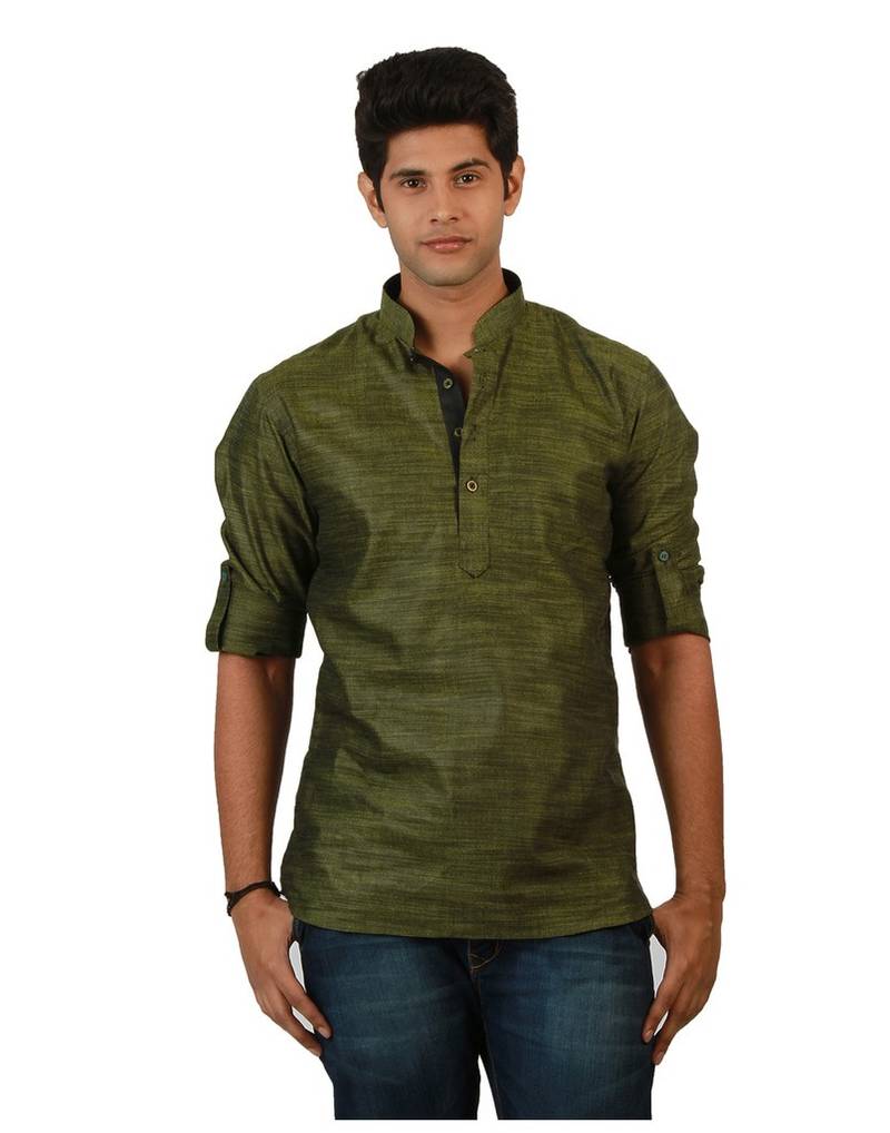 Amora Designer Ethnic Light Green Solid Blended Linen Straight Short Kurta For Men