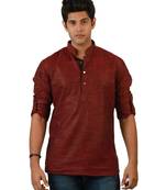 Amora Designer Ethnic Maroon Solid Blended Linen Straight Short Kurta For Men