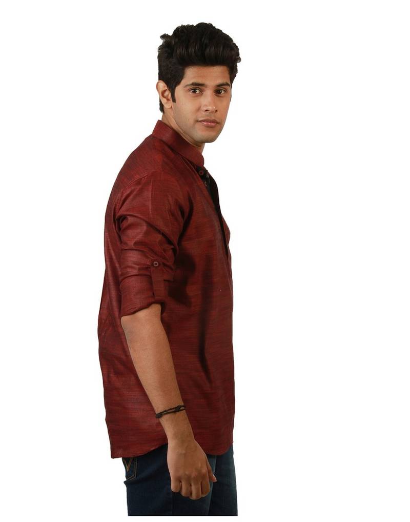 Amora Designer Ethnic Maroon Solid Blended Linen Straight Short Kurta For Men