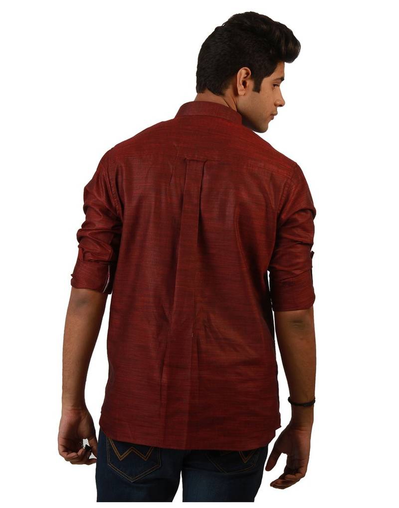 Amora Designer Ethnic Maroon Solid Blended Linen Straight Short Kurta For Men