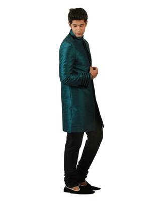 Amora Designer Ethnic Teal Blended Silk Indo-Western Sherwani For Men 1