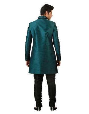 Amora Designer Ethnic Teal Blended Silk Indo-Western Sherwani For Men 2