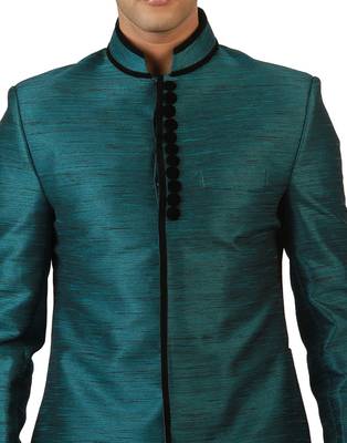 Amora Designer Ethnic Teal Blended Silk Indo-Western Sherwani For Men 3