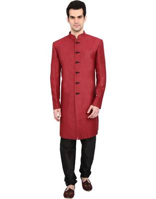 indian ATTIRE Designer Ethnic Blended Jute Maroon Indo-Western Sherwani For Men 1