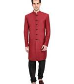 indian ATTIRE Designer Ethnic Blended Jute Maroon Indo-Western Sherwani For Men