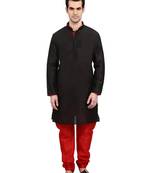 indian ATTIRE Ethnic Blended Silk Black Kurta And Red Churidar For Men