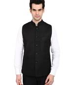 Indian Attire Designer Ethnic Black Solid Blended Jute Koti (Waistcoat) For Men
