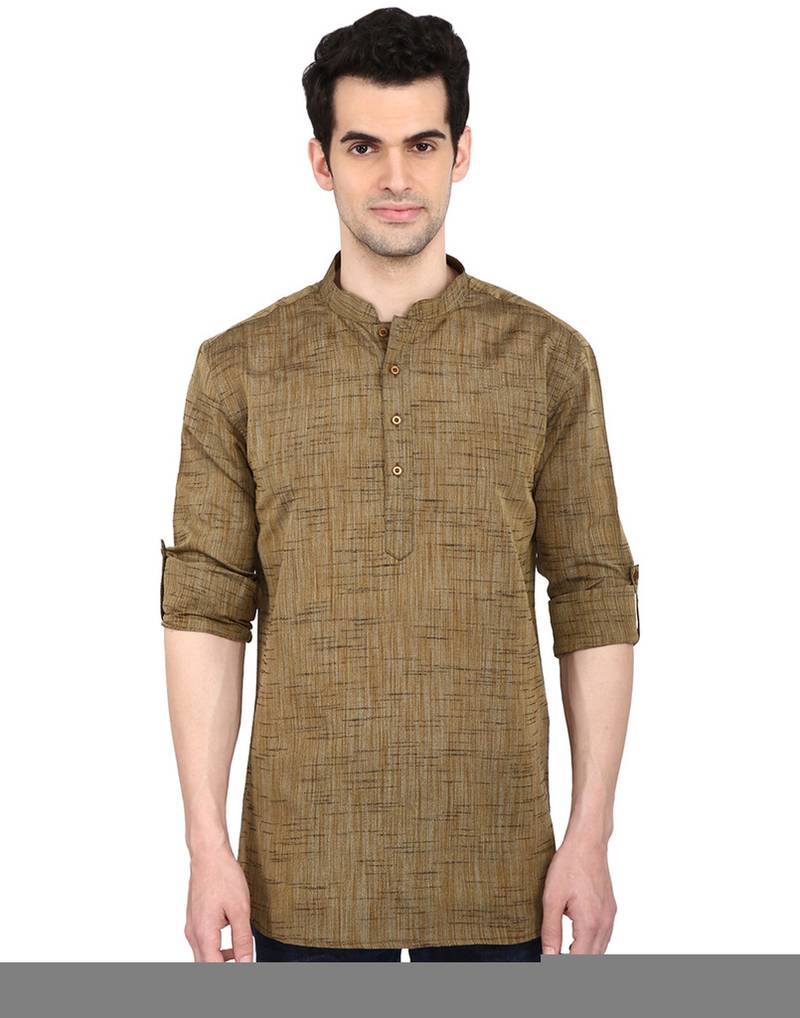 indian ATTIRE Ethnic Blended Short Brown Solid Straight Kurta Brown For Men