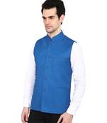Indian Attire Designer Ethnic Blue Solid Blended Jute Koti (Waistcoat) For Men