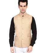 Indian Attire Designer Ethnic Cream Solid Blended Jute Koti (Waistcoat) For Men