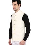 Indian Attire Designer Ethnic Cream Solid Blended Silk Koti (Waistcoat) For Men
