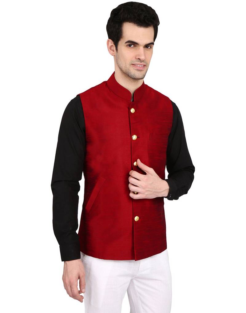 Indian Attire Designer Ethnic Maroon Solid Blended Silk Koti (Waistcoat