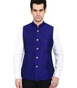 indian ATTIRE Designer Ethnic Royal Blue Blended Silk Koti (Waistcoat) For Men