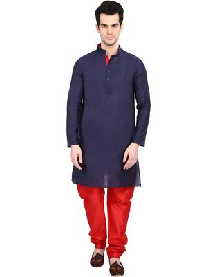 indian ATTIRE Blended Silk Embellished Navy Blue Kurta And Red Churidar For Men 1