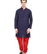 indian ATTIRE Blended Silk Embellished Navy Blue Kurta And Red Churidar For Men