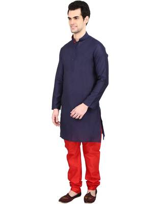 indian ATTIRE Blended Silk Embellished Navy Blue Kurta And Red Churidar For Men 2