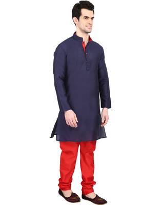 indian ATTIRE Blended Silk Embellished Navy Blue Kurta And Red Churidar For Men 3