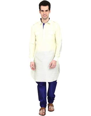 Indian Attire Ethnic Blended Silk Solid Cream Pathani And Blue Churidar For Men 1