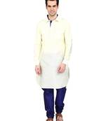 Indian Attire Ethnic Blended Silk Solid Cream Pathani And Blue Churidar For Men