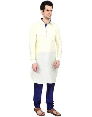 Indian Attire Ethnic Blended Silk Solid Cream Pathani And Blue Churidar For Men 2