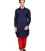 Indian Attire Ethnic Blended Silk Navy Blue Pathani And Red Churidar For Men