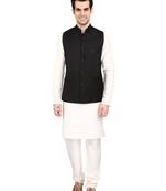 Indian Attire Blended Black Koti (Waistcoat) And White Kurta Churidar For Men