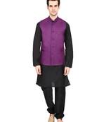 Indian Attire Blended Purple Koti (Waistcoat) And Black Kurta Churidar For Men