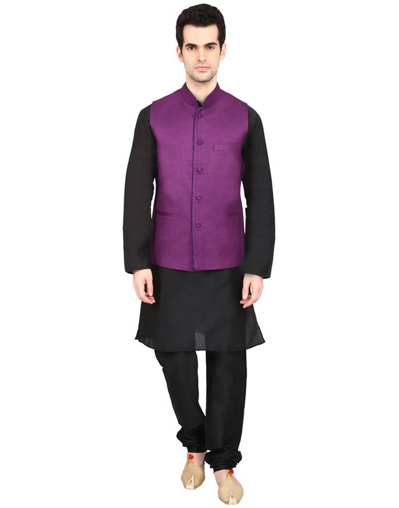Indian Attire Blended Purple Koti (Waistcoat) And Black Kurta