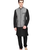 Indian Attire Blended Grey Koti (Waistcoat) And Black Kurta Churidar For Men