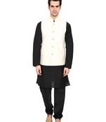 indian ATTIRE Cream Blended Silk Koti (Waistcoat) and Black Kurta Churidar Men