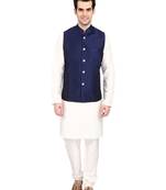 Indian Attire Navy Blue Blended Koti (Waistcoat) And White Kurta Churidar Men