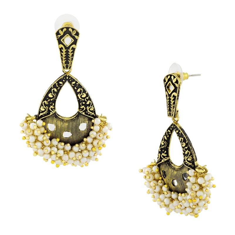 Designer Flower Black Enamel Kundan Pearl Gold Plated Dangle Earring for Women