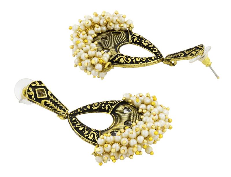 Designer Flower Black Enamel Kundan Pearl Gold Plated Dangle Earring for Women