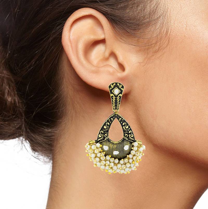 Designer Flower Black Enamel Kundan Pearl Gold Plated Dangle Earring for Women