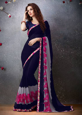 Blue printed georgette saree with blouse 1