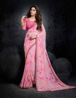 Pink printed georgette saree with blouse 1