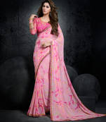 Pink printed georgette saree with blouse