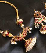 Beautiful Handmade Kemp Green Necklace Set With Jhumka Pendant