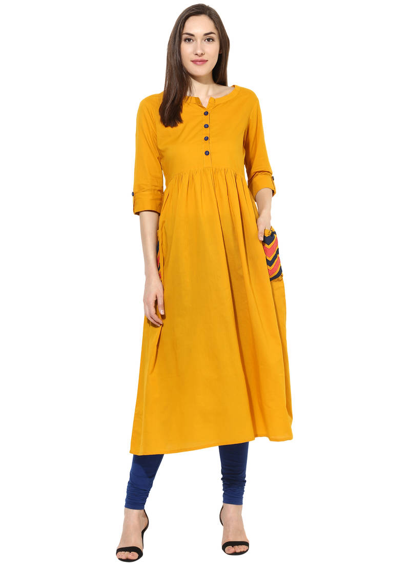 EC048 – Mustard Pure Cotton A-Line Kurti Set with Printed Detailing