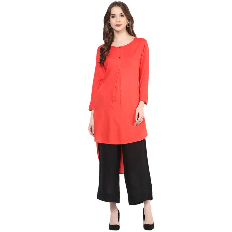 red plain rayon stitched kurti
