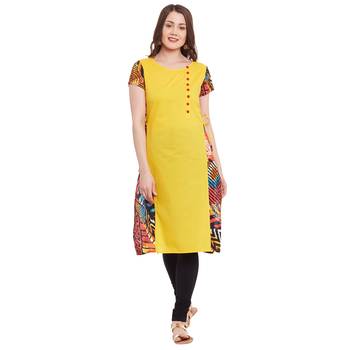 yellow printed cotton stitched kurti 1