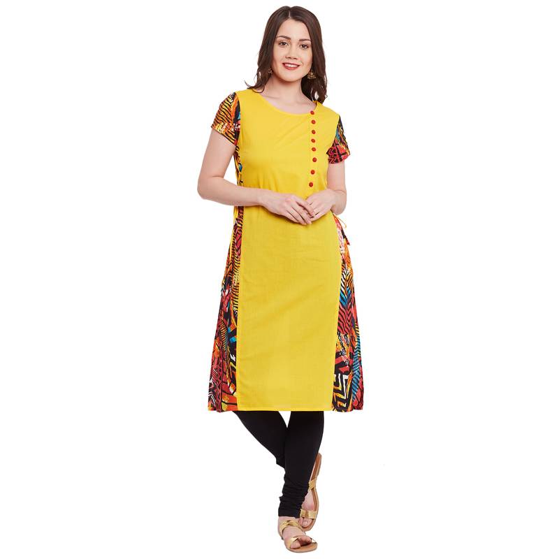yellow printed cotton stitched kurti