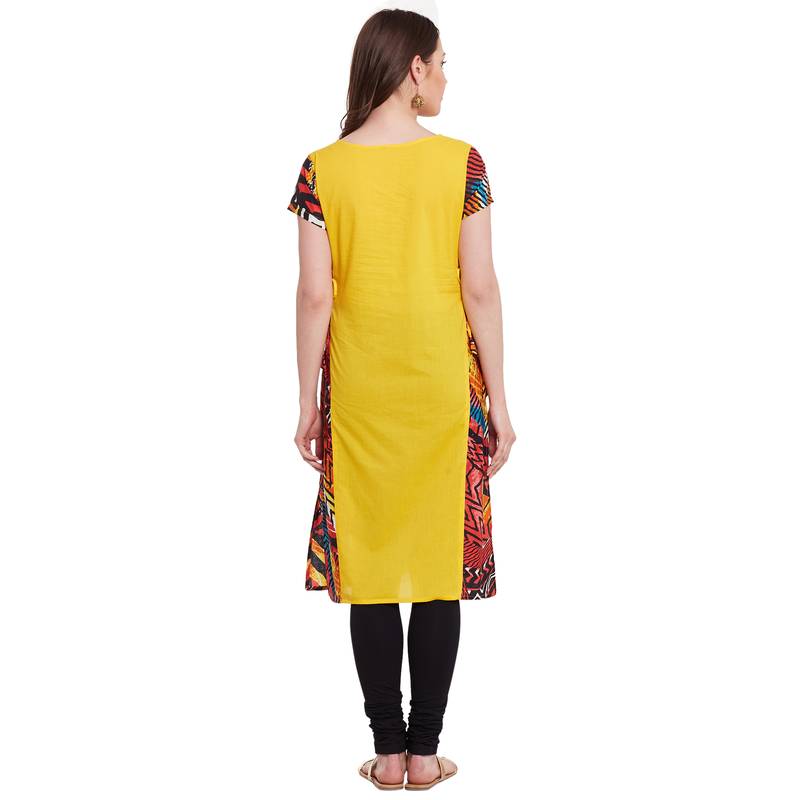 yellow printed cotton stitched kurti