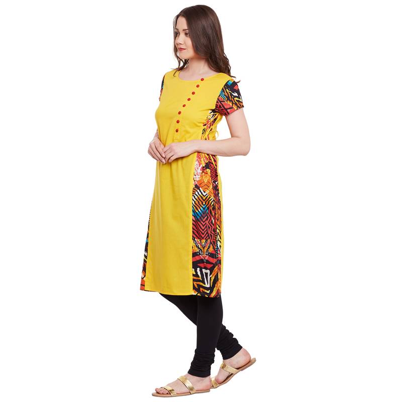 yellow printed cotton stitched kurti
