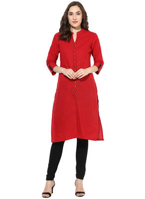 red plain cotton stitched kurti 1